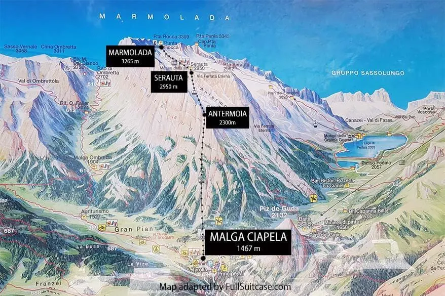 Summer map of Marmolada mountain range in Italian Dolomites