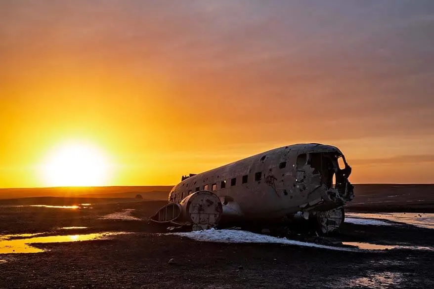 DC plane wreck on Solheimasandur beach at sunset
