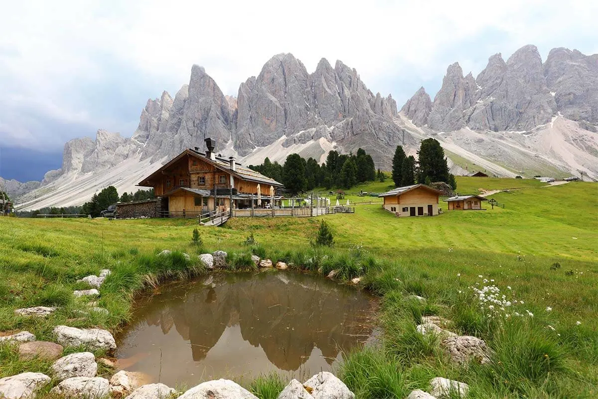 Geisler Alm is one of the most picturesque mountain huts in the Dolomites Italy