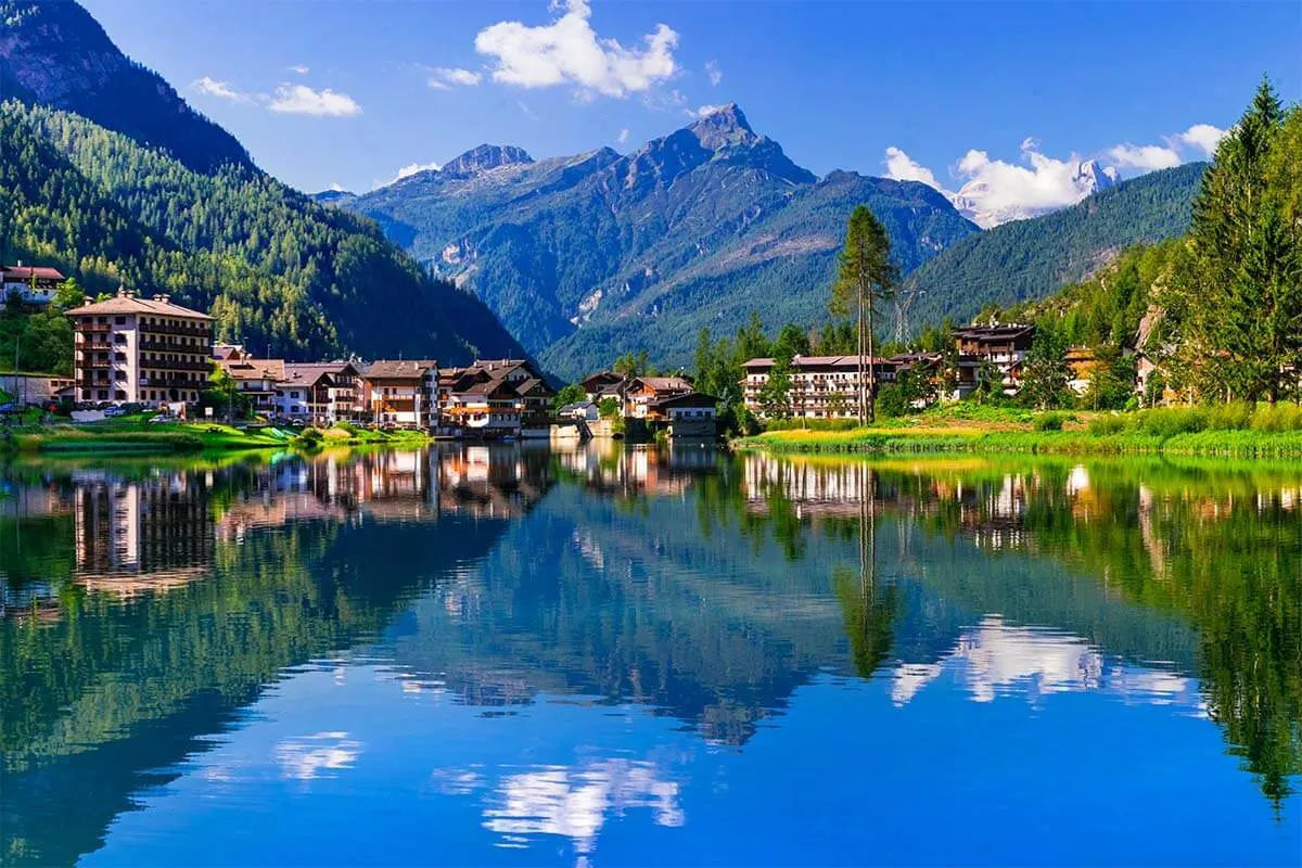 Lago di Alleghe lake in the Dolomites Italy