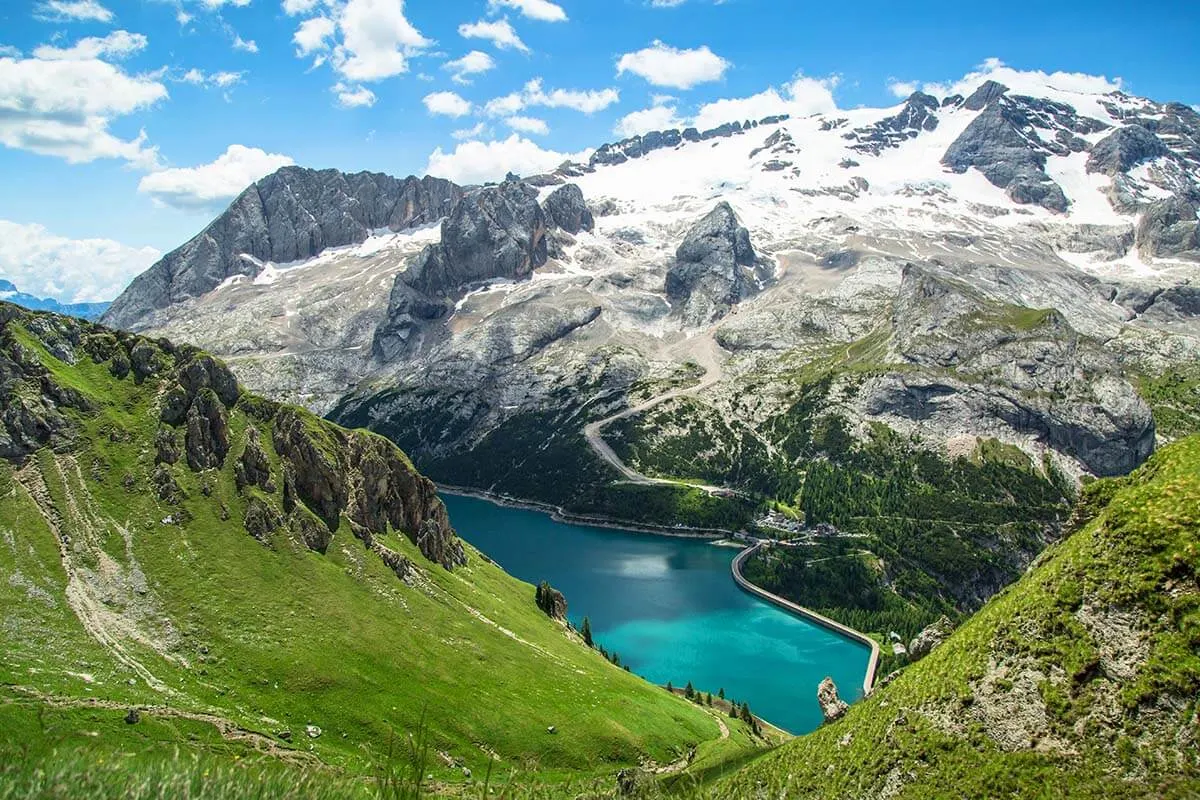 Lago di Fedaia and Marmolada mountain in the Dolomites