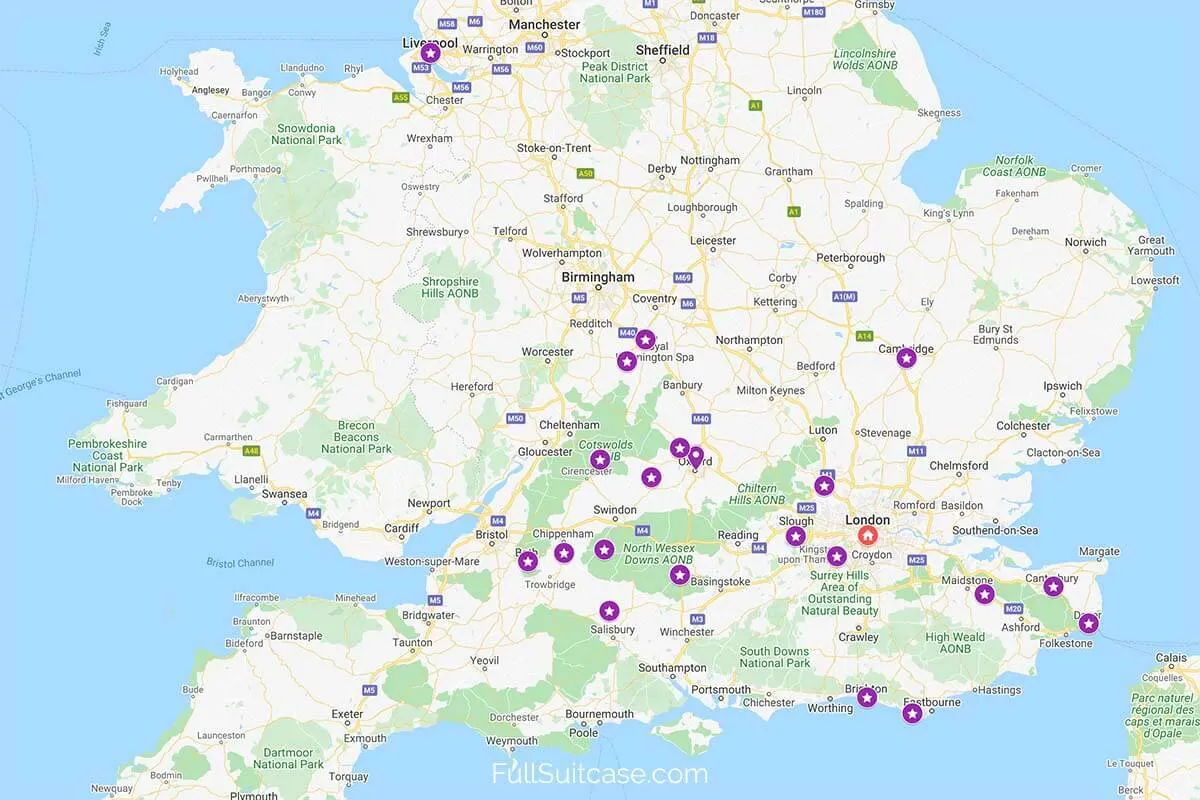 Map of best places to visit as day trip from London