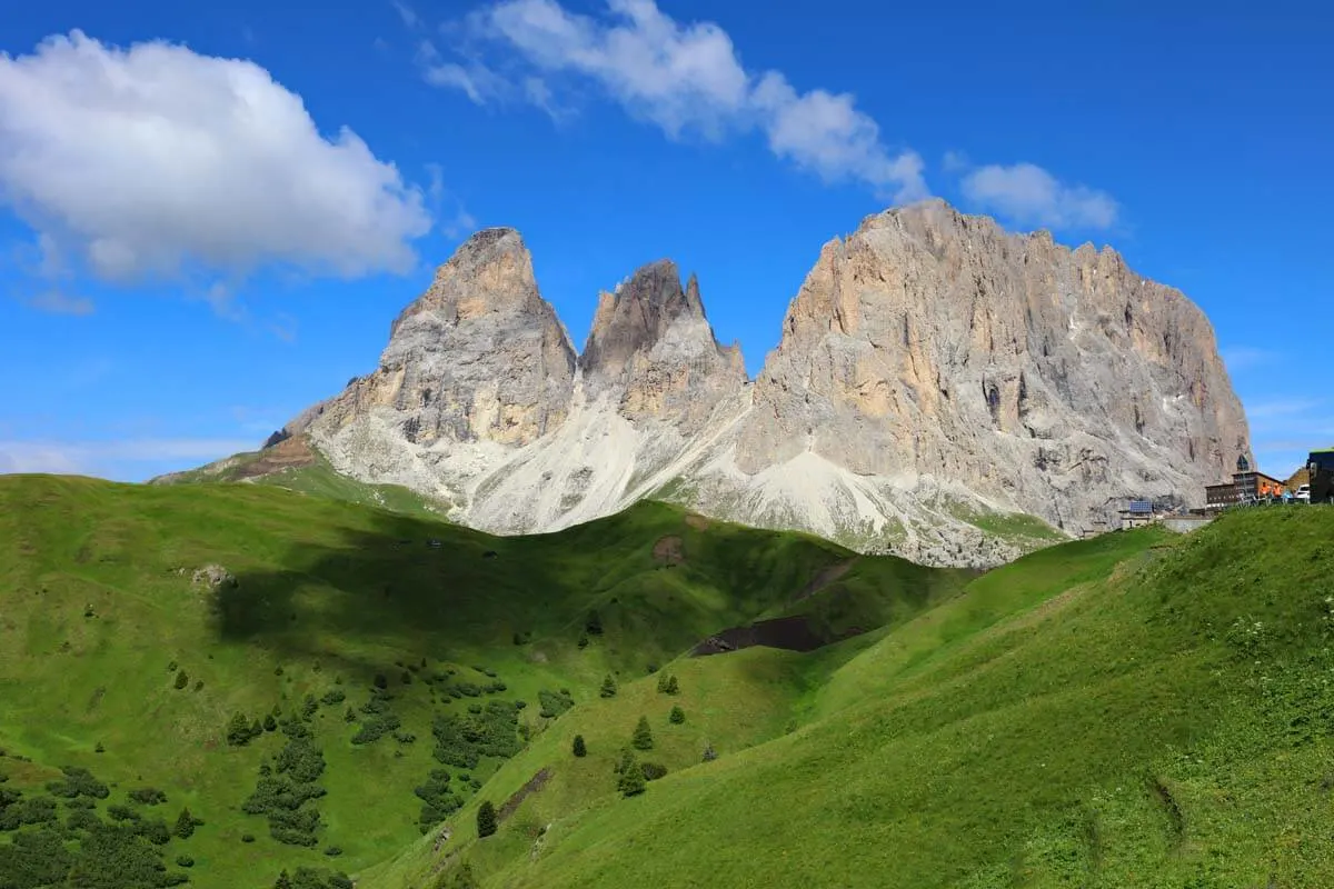 Sassolungo (Langkofel) mountain as seen from Sella Pass in the Dolomites Italy