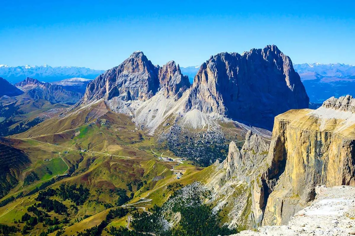 Views from Forcella Pordoi in the Dolomites Italy