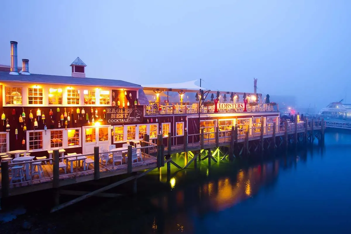 Bar Harbor pier and restaurants in the evening