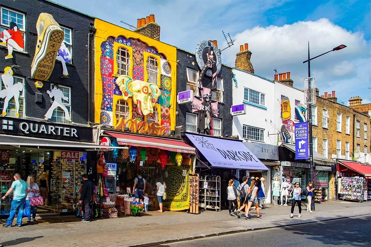 Colorful shops on Camden High Street in London