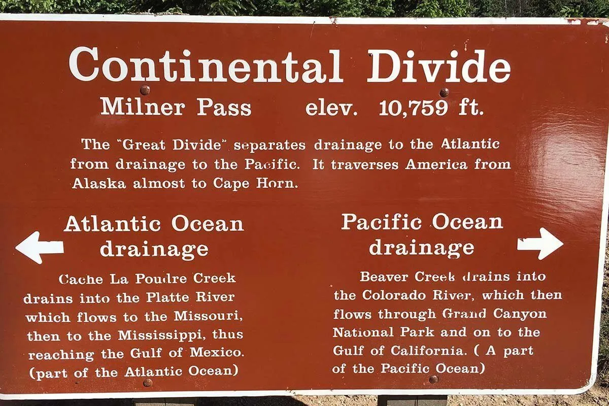 Continental Divide sign at Milner Pass in Rocky Mountain National Park Colorado