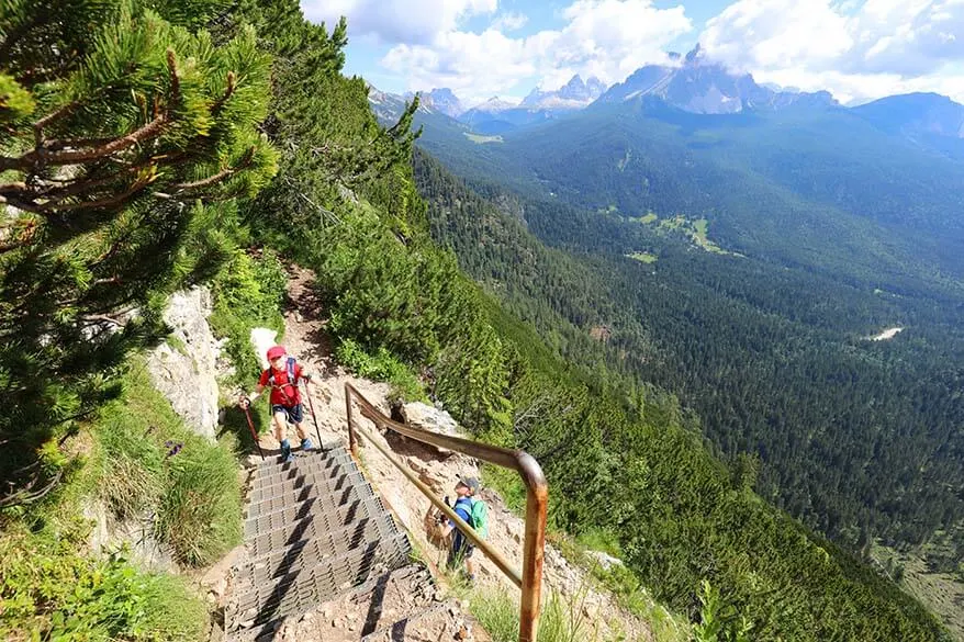 Hiking in the Dolomites - steep climb to Lake Sorapis
