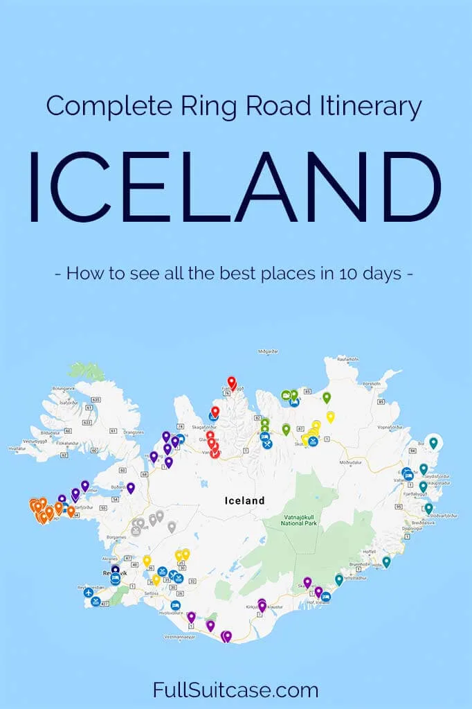 Iceland Ring Road attractions map and travel itinerary