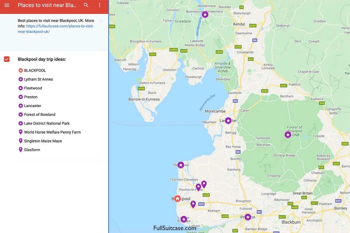 Map of places to see near Blackpool UK