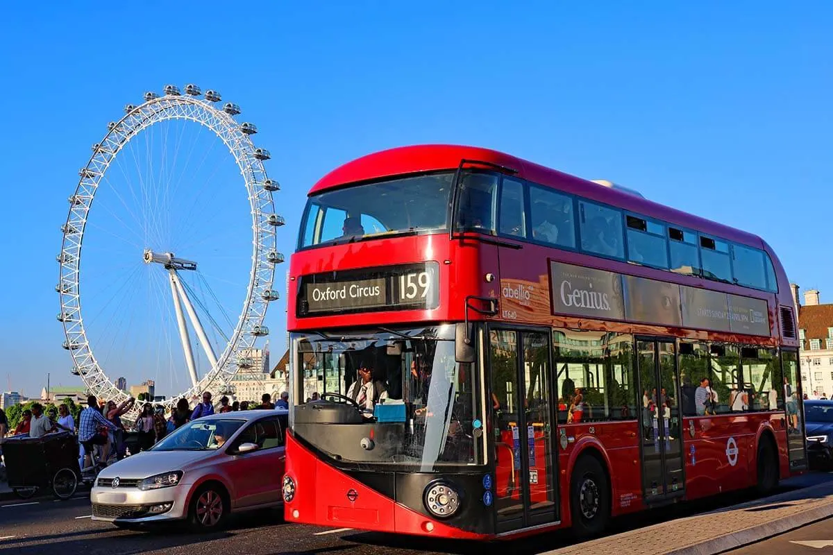 Red double decker bus and London Eye