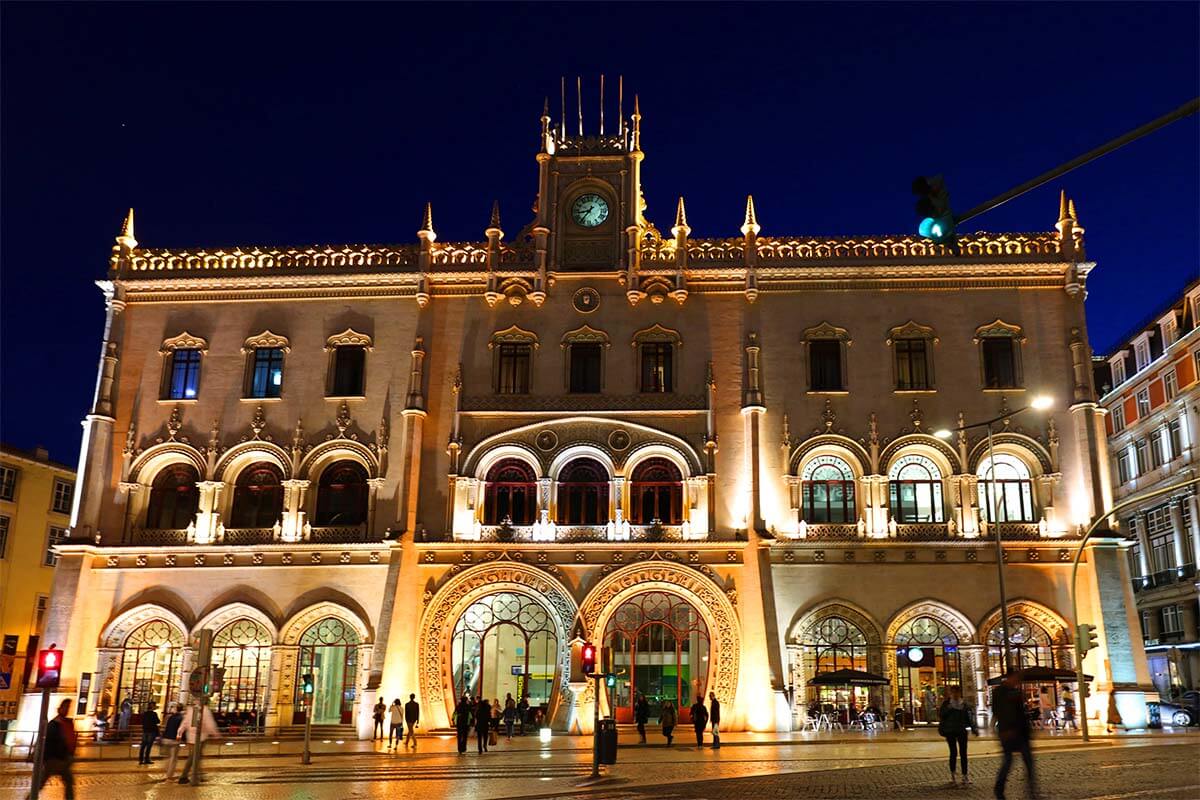 Rossio train station in Lisbon at night