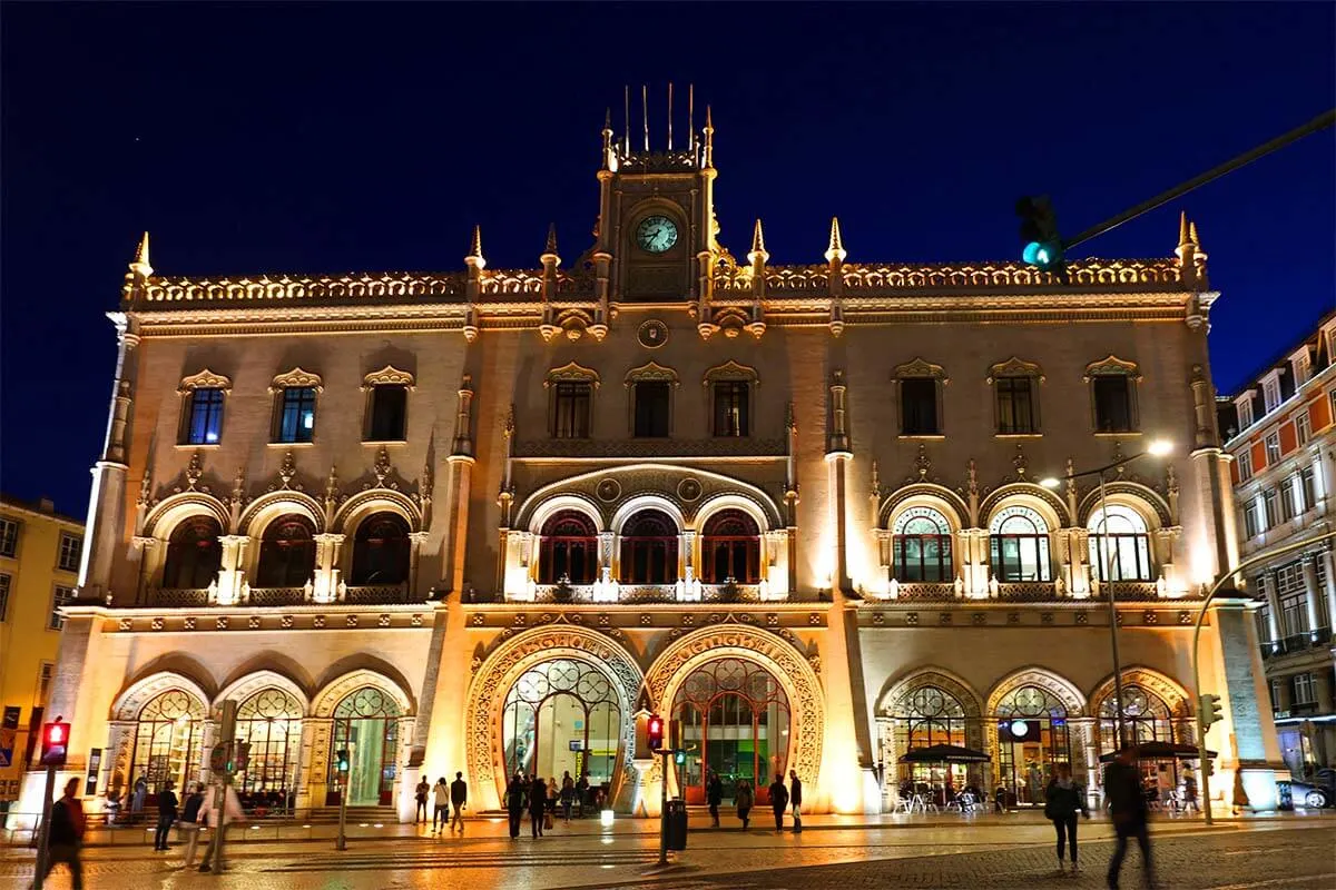Rossio train station in Lisbon at night