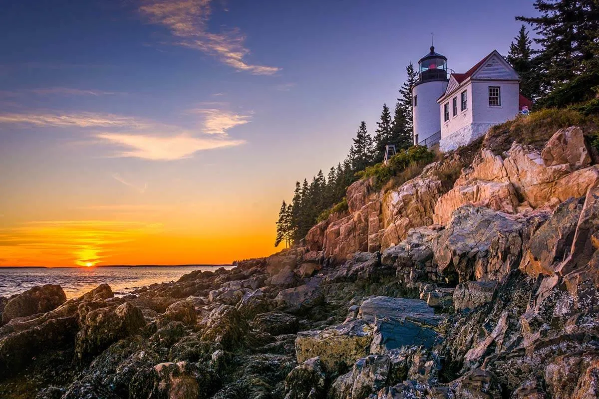 Sunset at Bass Harbor Head Lighthouse in Acadia National Park