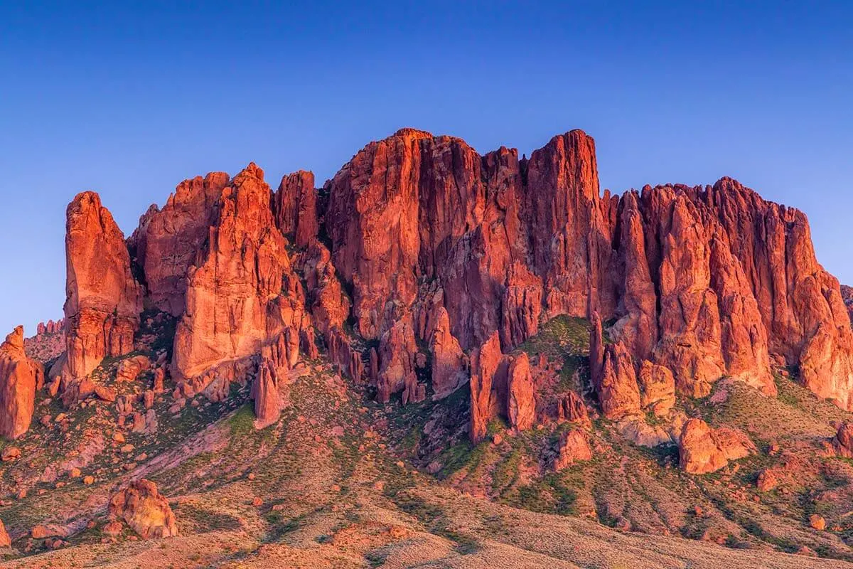 Superstition Mountains lit by an evening sun