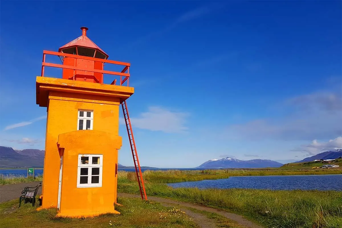 Svalbarðseyri lighthouse near Akureyri in Iceland