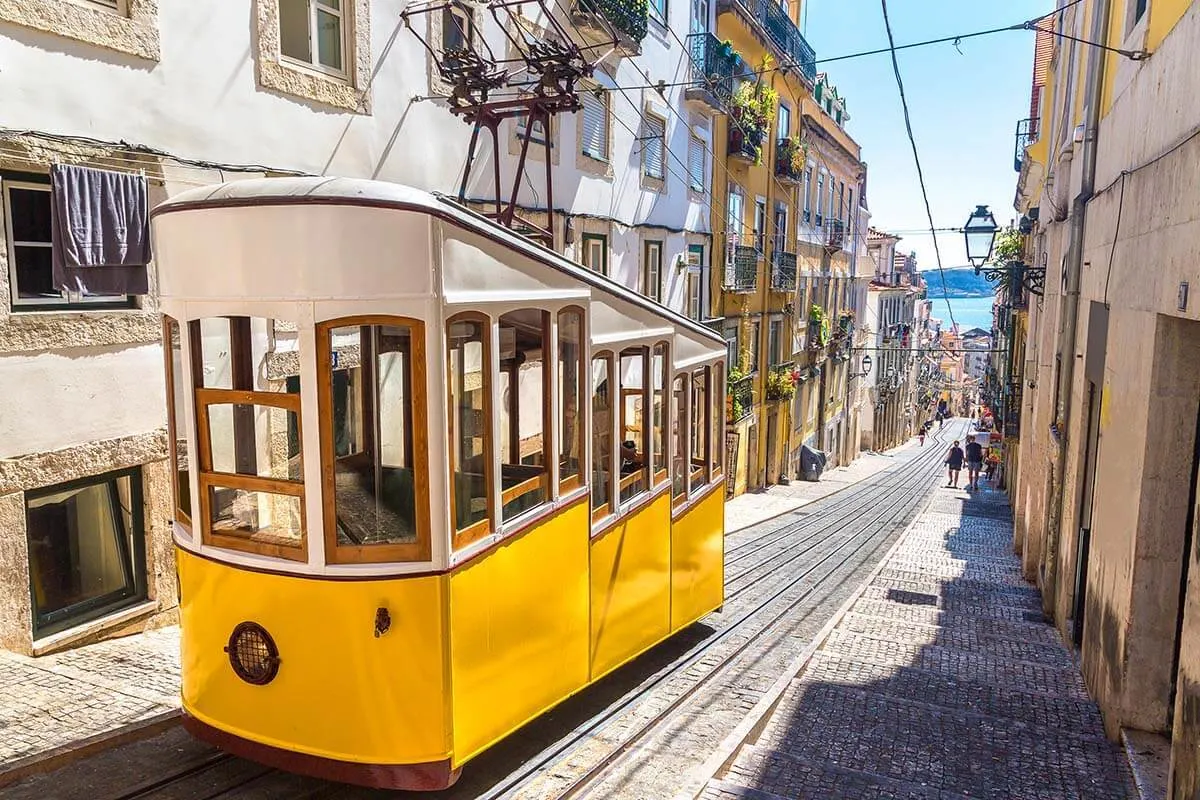 Traditional funicular on the narrow streets in Lisbon