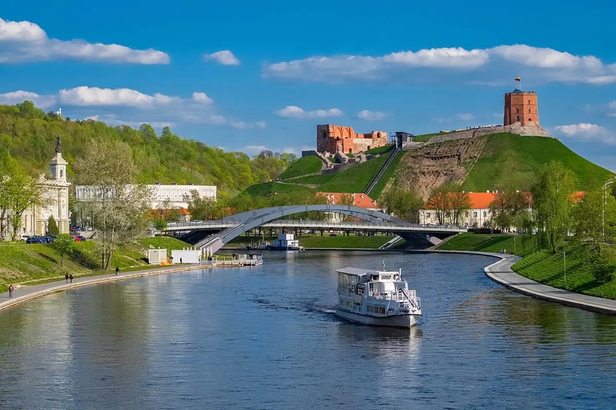 Neris River and Gediminas Castle Tower in Vilnius Lithuania