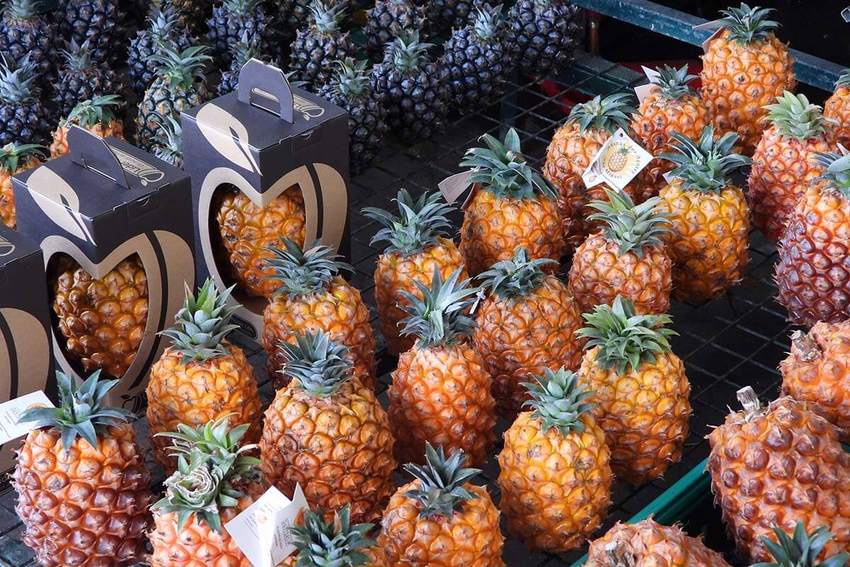 Azorean pineapple for sale at Mercado da Graca market in Ponta Delgada