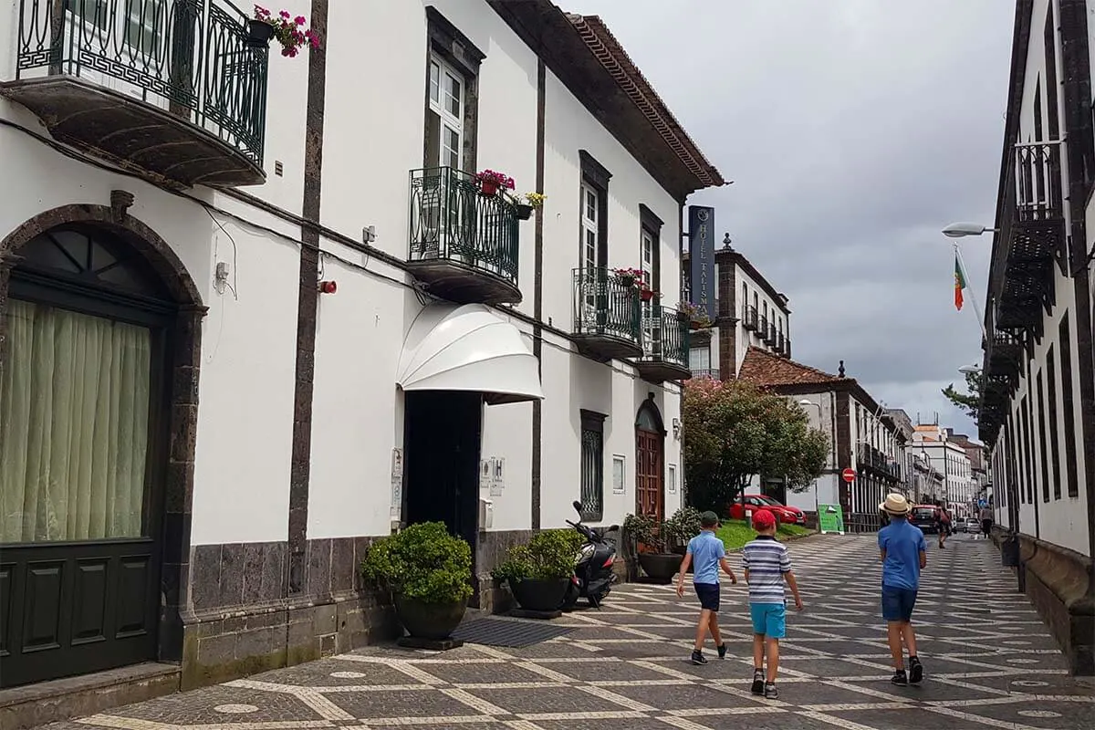 Hotel Talisman and a narrow old town street in Ponta Delgada