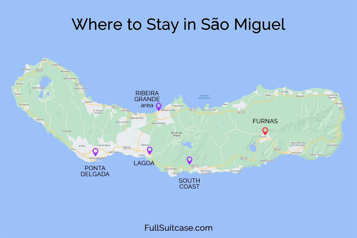 Map of best places to stay in Sao Miguel island in the Azores