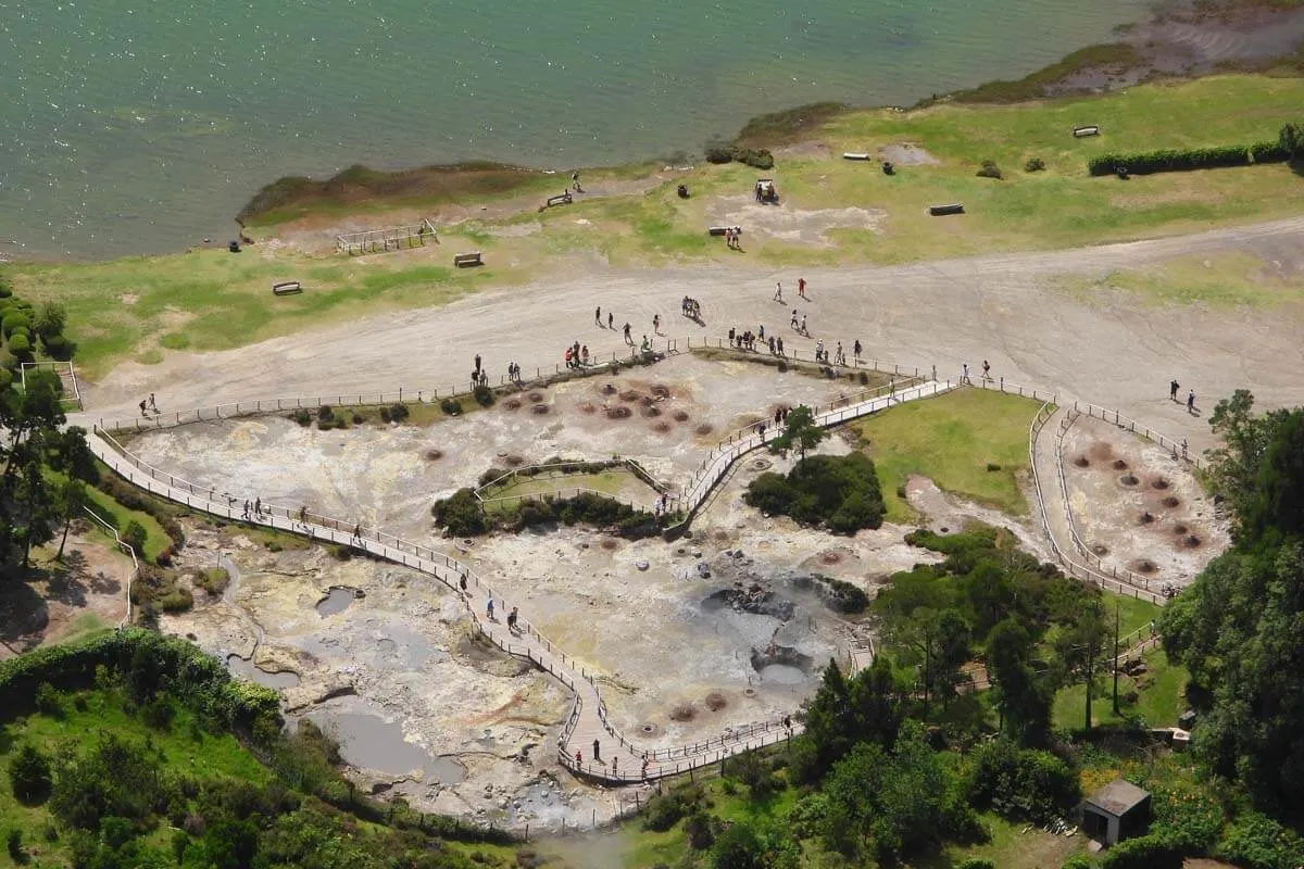 Caldeiras da Lagoa das Furnas geothermal area aerial view