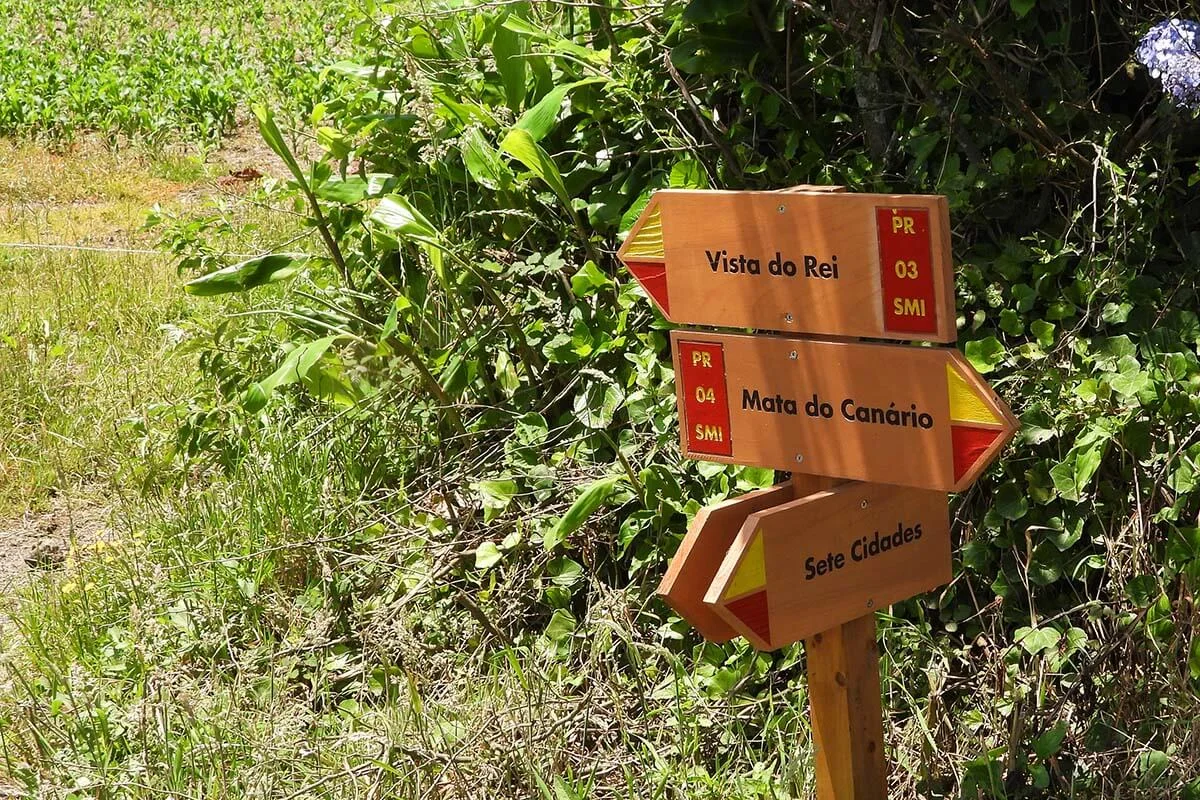 Hiking signs at Sete Cidades crater loop trail