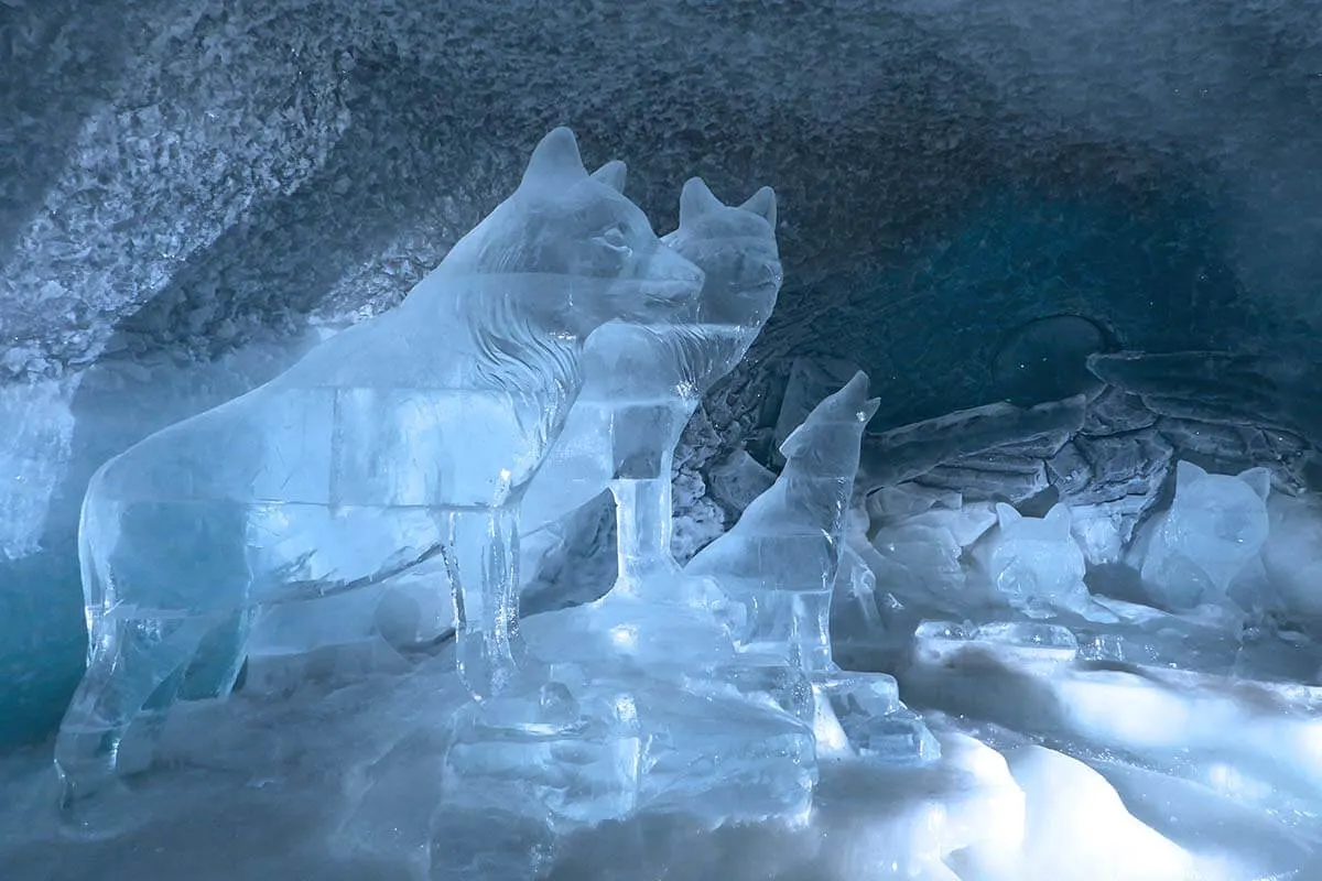 Ice sculptures in the Glacier Palace at Matterhorn Glacier Paradise in Zermatt