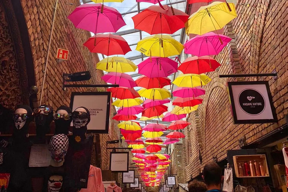 Camden Market covered alley with colorful umbrellas