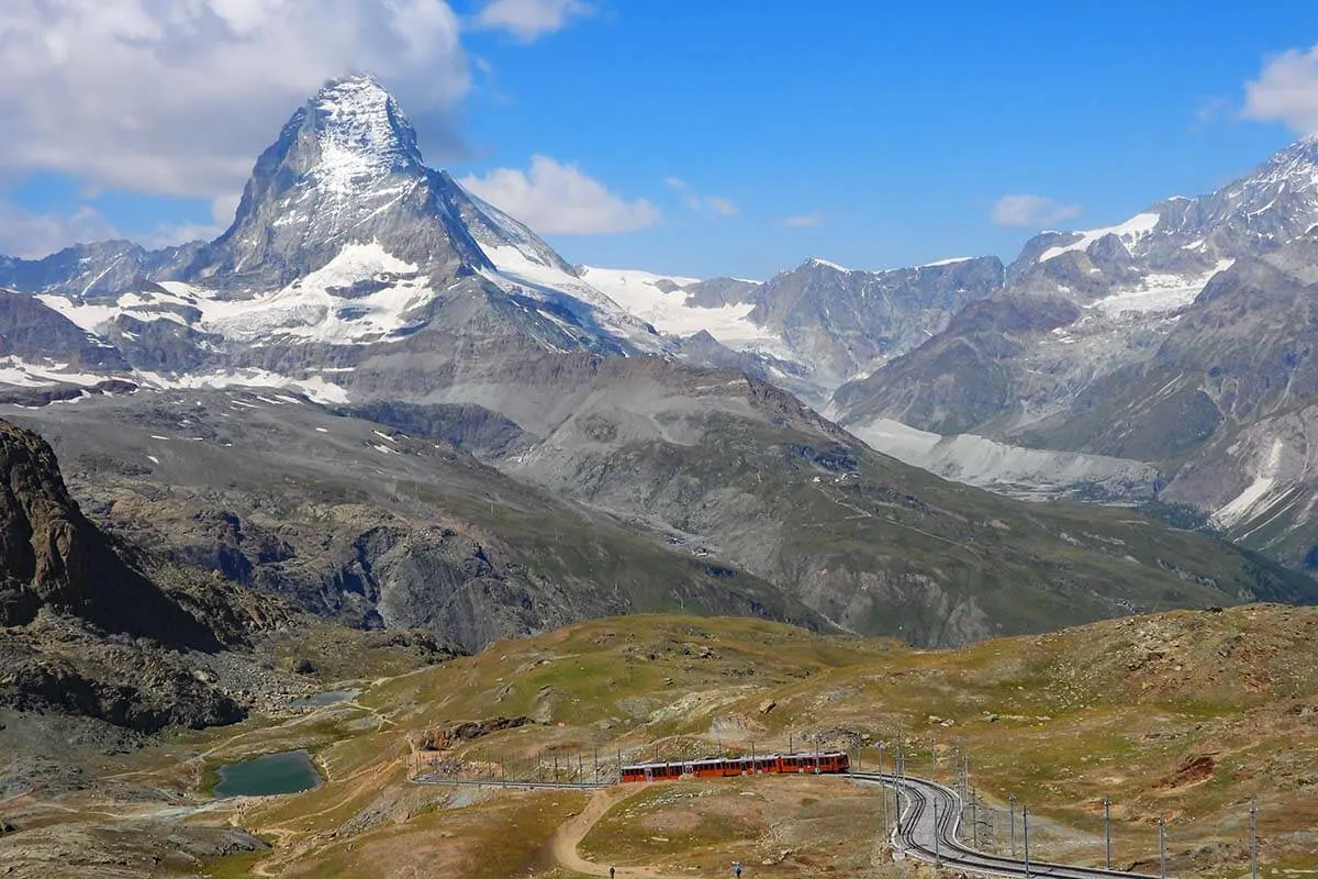 Gornergrat Railway, the Matterhorn, and Riffelsee as seen from the Gornergrat scenic trail