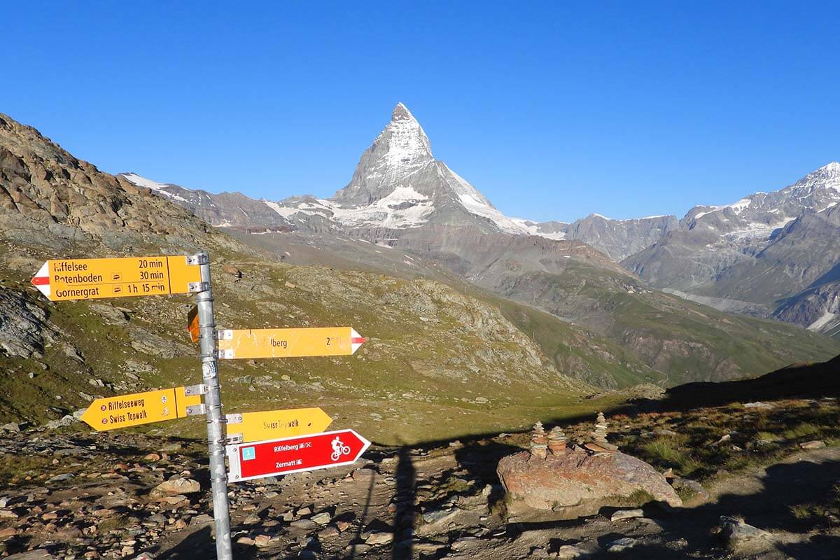 Hiking signs at Rotenboden train station in Zermatt Switzerland