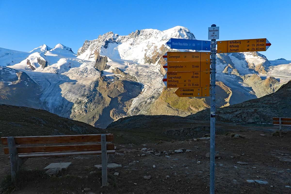 Hiking signs at Rotenboden train station in Zermatt