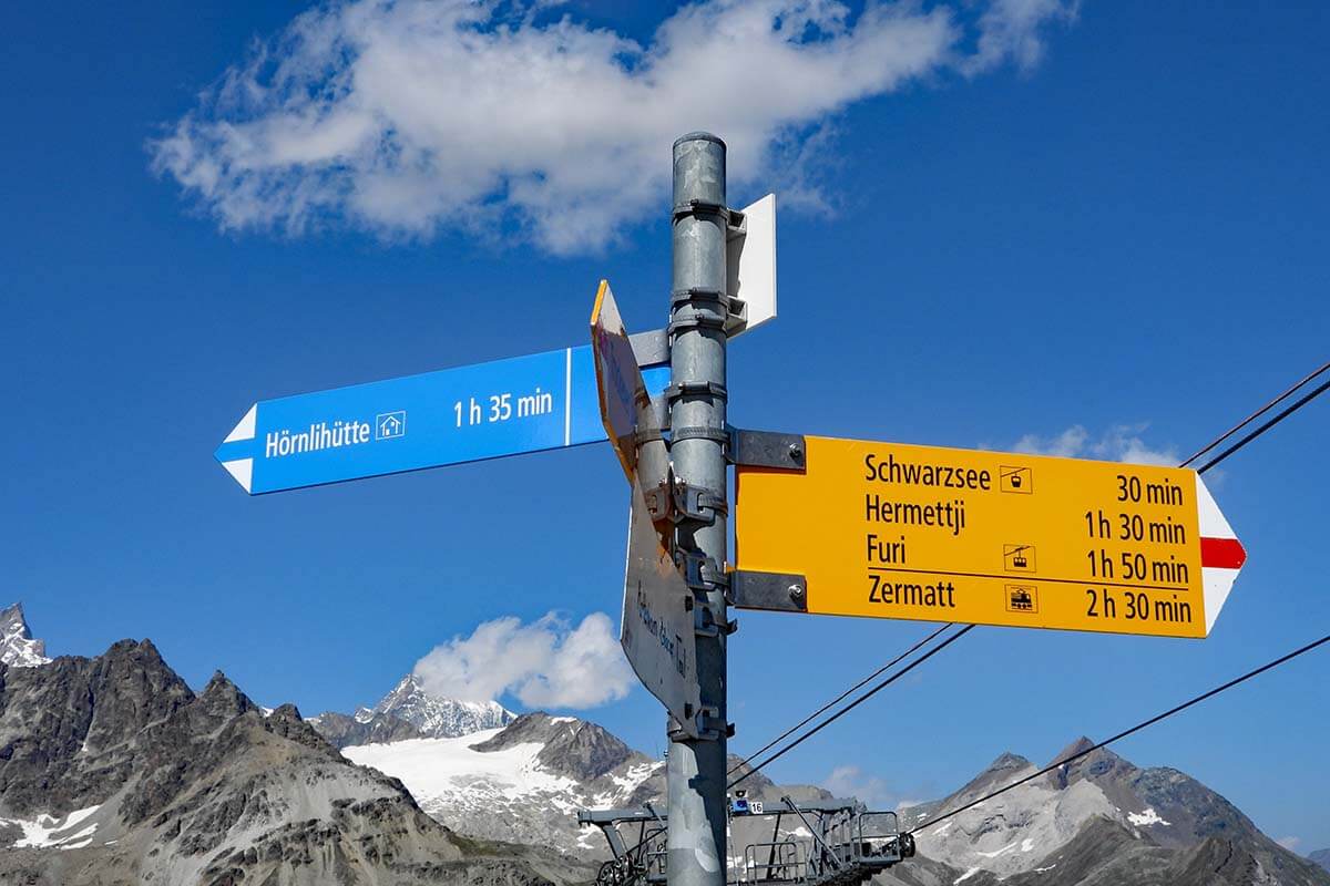 Hornlihutte hiking signs