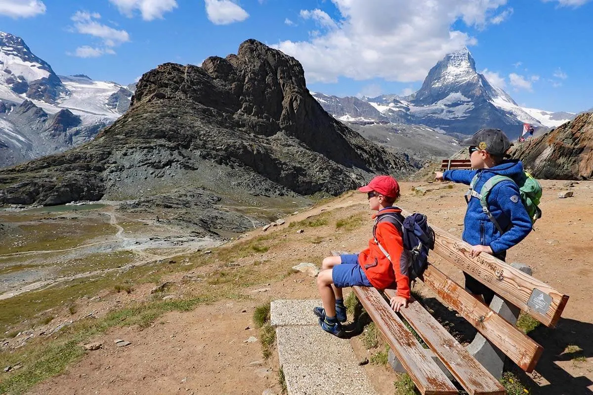Kids enjoying the view near Rotenboden train station in Zermatt Switzerland
