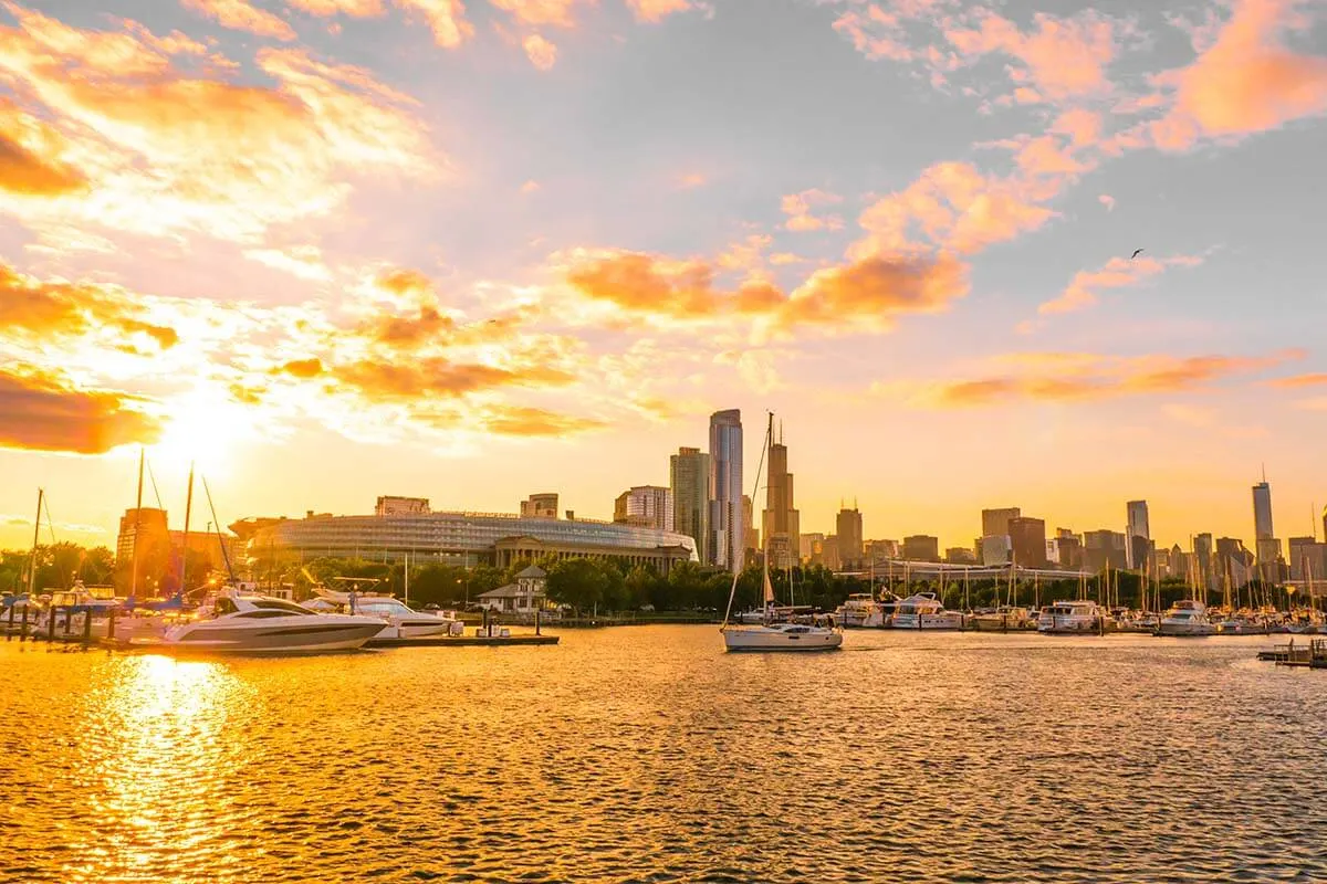 Lake Michigan and Chicago Skyline at sunset