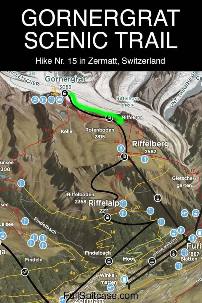 Map of Gornergrat Scenic Trail hike nr 15 in Zermatt, Switzerland