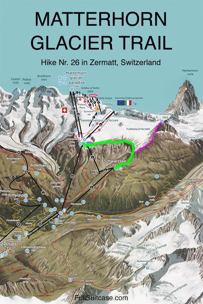 Map of Matterhorn Glacier Trail and Hornlihutte Hike (trails 26 and 27) in Zermatt, Switzerland