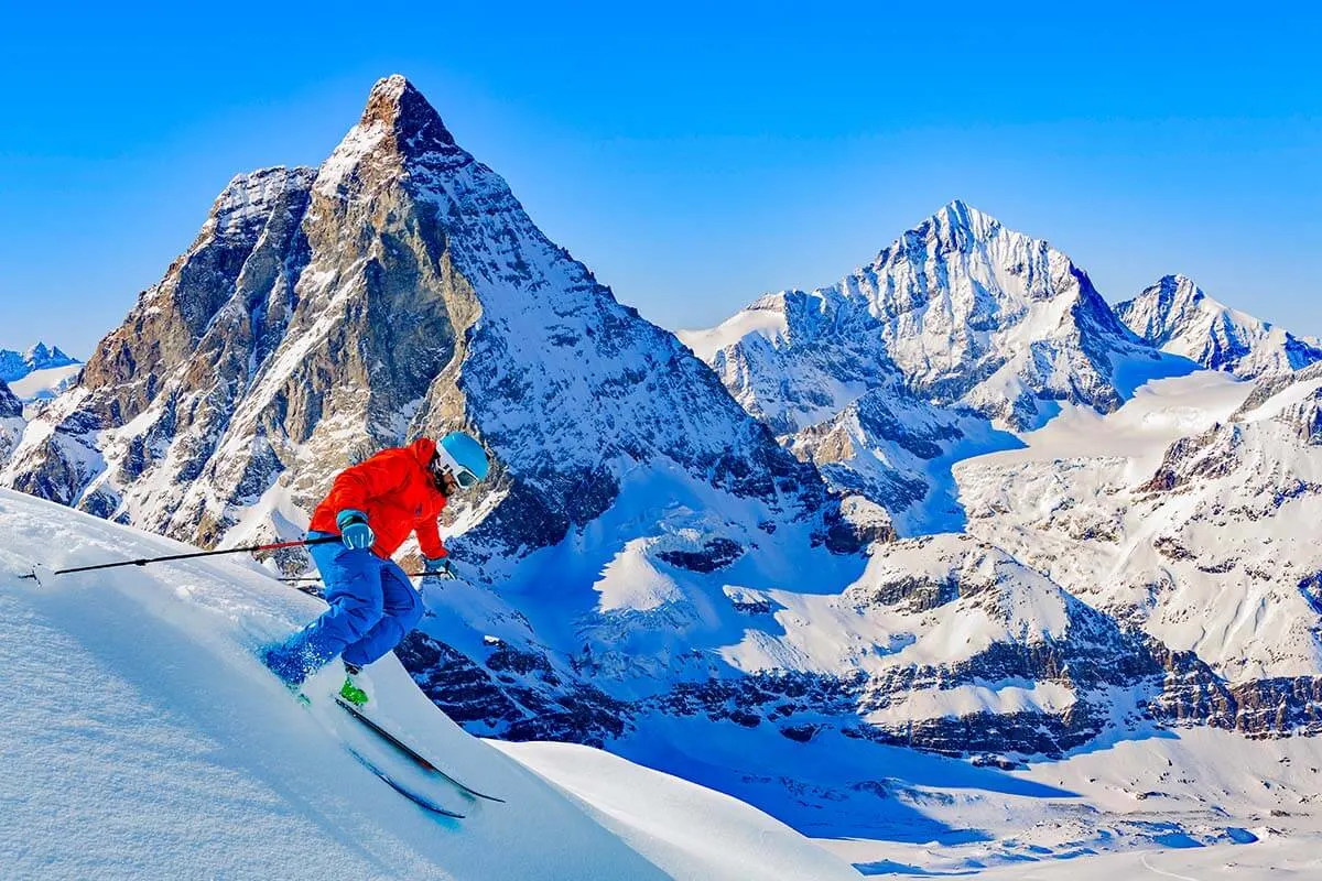 Skiing in Zermatt with a view of the Matterhorn