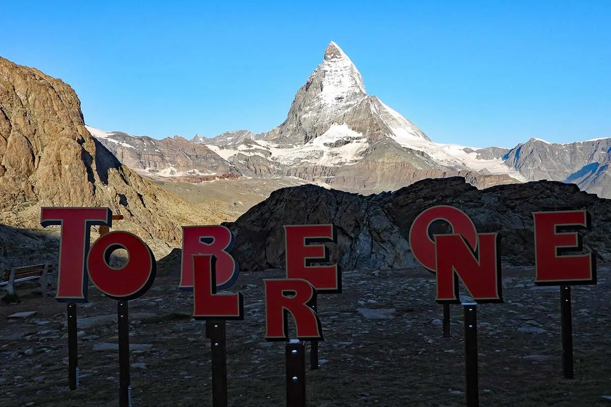 Toblerone letters and the Matterhorn at Rotenboden train station in Zermatt Switzerland