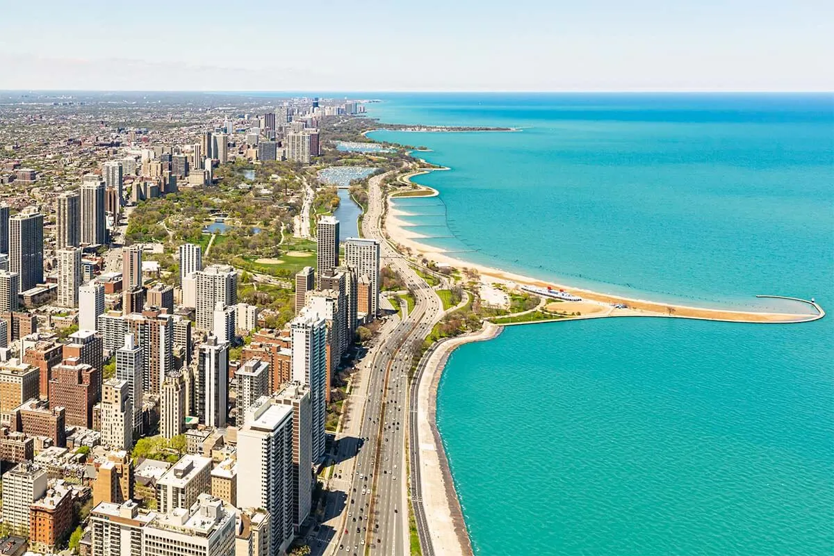 View from 360 Chicago observation deck at John Hancock building