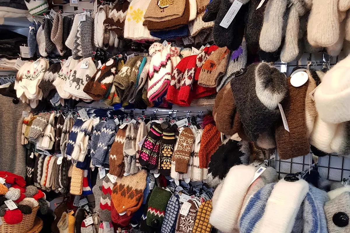 Wool hats and gloves for sale at The Handknitting Association of Iceland in Reykjavik