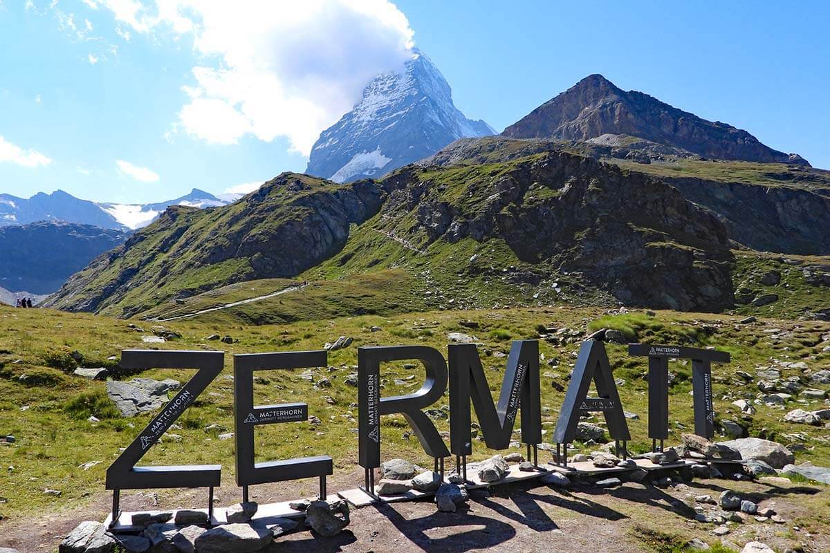 ZERMATT sign and the Matterhorn at Schwarzsee in Zermatt