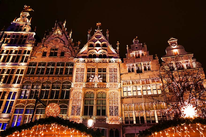 Antwerp Grote Markt buildings nicely lit in the dark