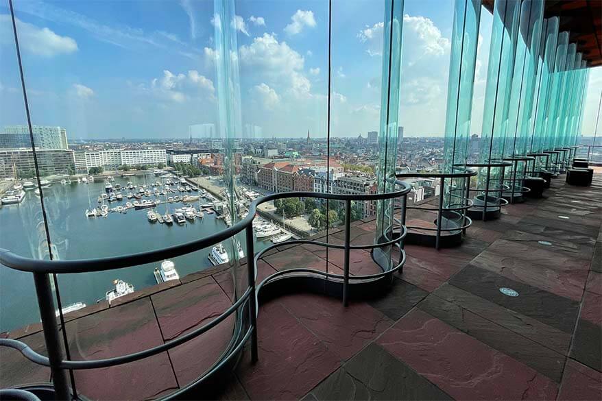 Antwerp MAS museum interior and view on Het Eilandje district and the city center