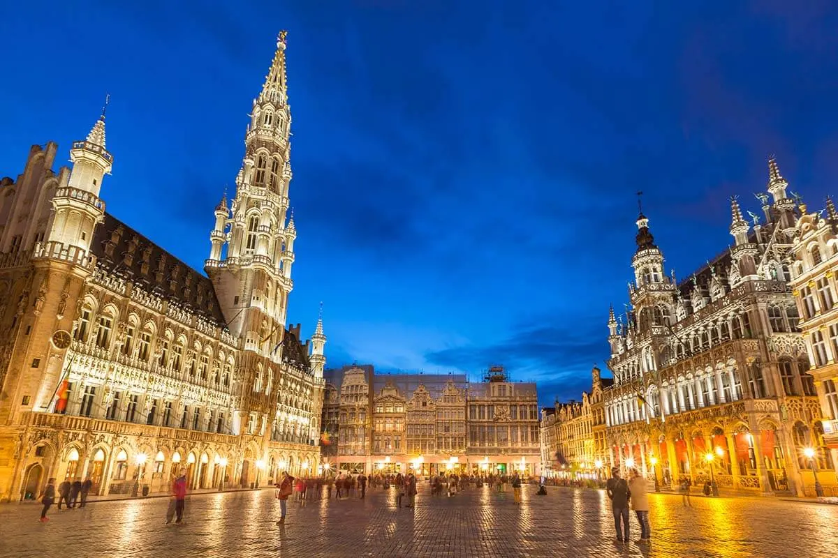Brussels Grand-Place lit at night - this central area is the best place to stay in Brussels