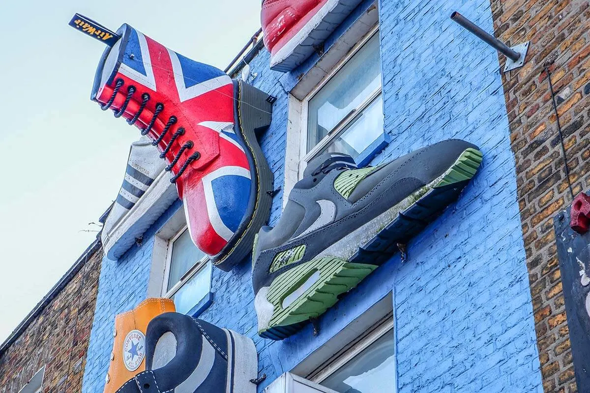 Giant shoes on the shop exterior in Camden Town