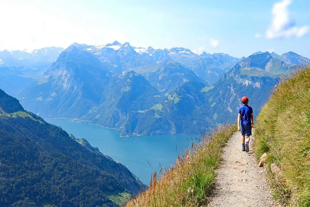 Hiking Stoos ridge trail between Klingenstock and Fronalpstock in Switzerland