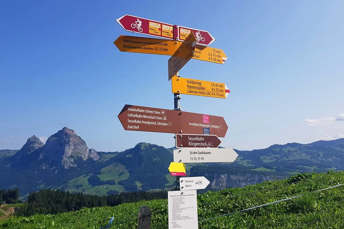 Hiking signs in Stoos village