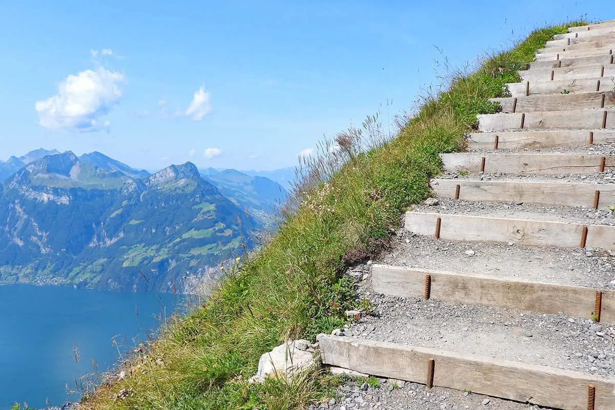 Steep staircase on the ridge of Klingenstock Fronalpstock hiking trail in Switzerland