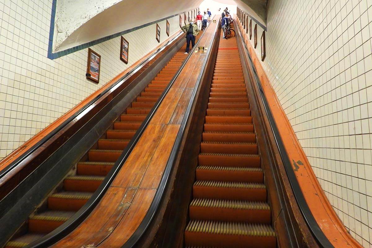 Wooden escalators at St Anna Tunnel in Antwerp